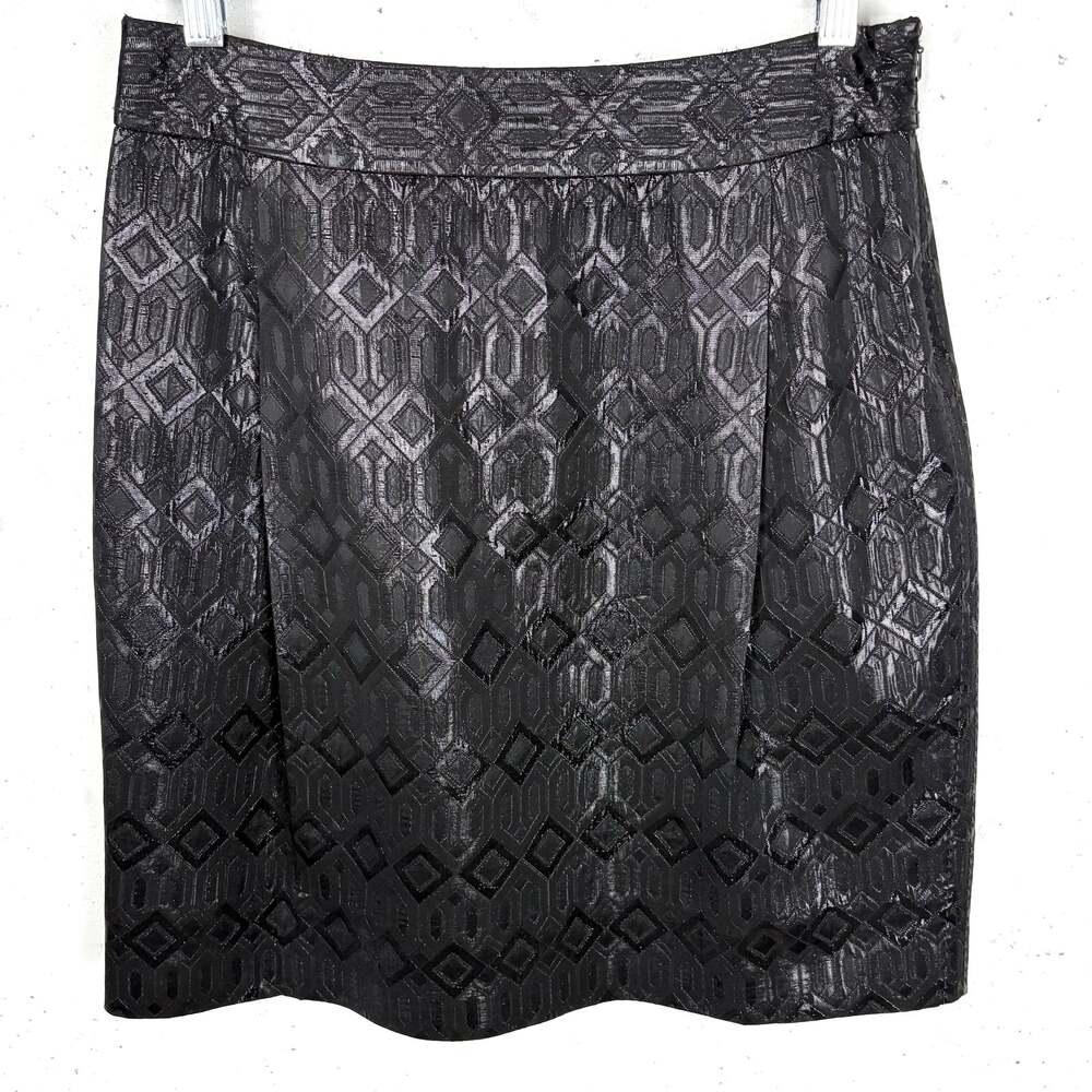Tory Burch Siri Jacquard Pencil Skirt Side Zip Front Pleats Black Metallic 8